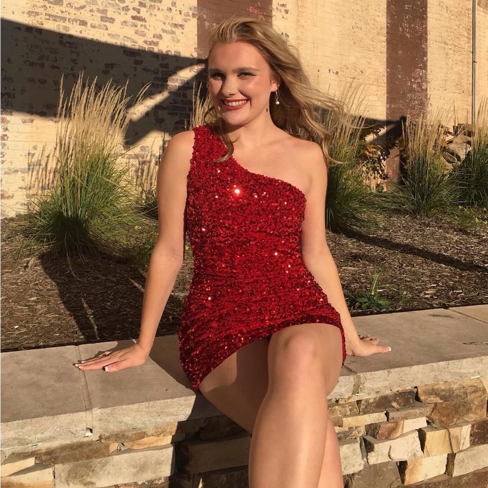 Red Sequin One-Shoulder Dress